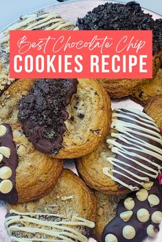 the best chocolate chip cookies recipe is on a plate with a fork and some cookies