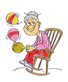 an old woman is sitting in a rocking chair with a tennis racket and ball