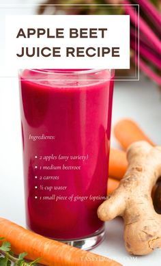 an apple beet juice recipe next to carrots and celery