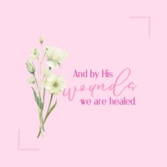 a pink background with white flowers and the words and by his we are healed