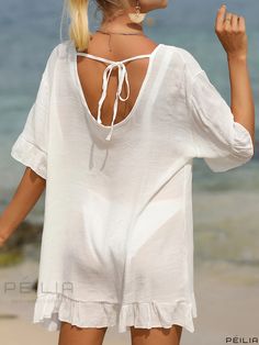 Peilia - Womens Sun Protection Swimwear & Beachwear: Ruffle Tie Back Semi Sheer Cover Up in Plain White, Exquisite Beach Tunics Dress without Bikini Beachwear Tops With Ruffles For Beach, Ruffled Beachwear Tops For Beach, Bohemian Summer Holiday Top, Beach Season Tops With Ruffles, White Summer Tops For The Beach, Summer White Beach Tops, White Tie Back Beach Dress For Beach Season, Summer Beach Ruffle Tops, White Beachwear Tops For Beach