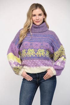 Cozy up in this Floral Turtle Neck Sweater! The chunky turtle neck and balloon sleeves provide a stylish twist to the classic turtleneck design. The abstract purple, yellow, and blue pattern adds a pop of color to your wardrobe. Stay warm and trendy with this colorful and comfy sweater. Model is 5'10" and wearing her true size Small. Small: Bust 26”, Length 20” 50% Acrylic, 30% Polyester, 10% Wool, 10% Nylon. Classic Turtleneck, Athleisure Tops, Comfy Sweater, Turtle Neck Sweater, Fuzzy Sweater, Athleisure Outfits, Comfy Sweaters, Yellow And Blue, Cool Sweaters