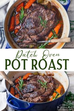 pot roast with carrots and potatoes in a blue dutch oven