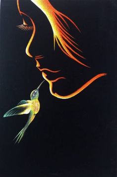 a painting of a woman's face with a hummingbird in her mouth