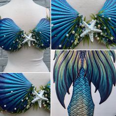 three pictures of different types of clothing made to look like mermaid tails and starfishs