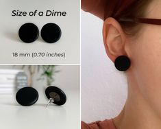 These contemporary studs are perfect for everyday wear or for the classiest of affairs. Choose from 5 different sizes. These black earrings are a great gift for him or her. Simple, elegant, minimalist, and chick = perfect gift. YOU WILL GET → one pair of earrings → color: black → size (choose): 4 mm (0.16 inch), 6 mm (0.23 inch), 9 mm (0.35 inch) , 10 mm (0.39 inch), 12 mm (0.47 inch) or 18 mm (0.70 inch) → MATERIALS: Polymer Clay, Stainless Steel or Titanium posts, Rubber Earrings Stopper → GIF Modern Black Plug Earrings As Gift, Black Hypoallergenic Round Earrings, Black Hypoallergenic Adjustable Earrings, Minimalist Black Plug Earrings For Gift, Rubber Earrings, Simple Studs, Black Earring, Black Studs, Black Stud Earrings