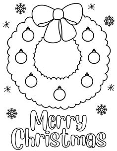 merry christmas wreath with ornaments and snowflakes on the bottom, in black and white