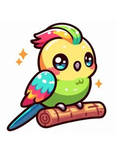 a colorful bird sitting on top of a piece of wood