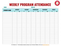 a printable weekly program attendance sheet