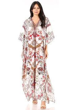 V-NECK/FLORAL/SUMMER/CASUAL/SWING DRESS/COVER UP: Yeni, the ideal loose dress for everyday wear. This lovely garment features a V-neck, short sleeves, maxi, loose fit, floor length, made with super light printed material, silky feel. Ideal for summer wear, bohemian casual style. V-neck Printed Maxi Dress For Beach Season, Tropical V-neck Beach Dress For Summer, Tropical V-neck Beach Dress For Spring, White Flowy V-neck Beach Dress, Bohemian V-neck Kaftan For Spring, Beachy V-neck Floral Print Beach Dress, Flowy Long Cover-up For Vacation, Long Flowy Cover-up For Vacation, Flowy V-neck Beach Dress For Resort