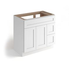 a white cabinet with two doors and drawers on the front, against a white background