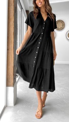 Toperth Relaxed Fit Everyday Tiered Maxi Dress – Toperth Button Down Midi Dress, Maxi Robes, Tiered Maxi Dress, Life Tips, Beauty And Lifestyle, Tier Skirt, Tiered Skirt, Black Button, Black Midi Dress