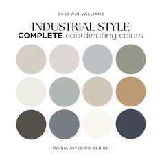 the color scheme for industrial style, complete with coordinating colors and their corresponding materials are shown in