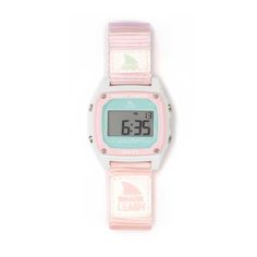 a pink and blue digital watch on a white background