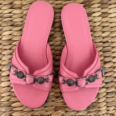 Authentic And In Great Condition And Worn Twice. Designer Mules With Buckle Closure For Spring, Designer Summer Slides With Buckle Closure, Designer Spring Slip-on Sandals, Designer Pink Mules For Spring, Designer Slides For Beach And Spring, Designer Slides For Spring Vacation, Designer Slides For Spring Beach Outing, Luxury Pink Mules For Summer, Luxury Pink Summer Mules