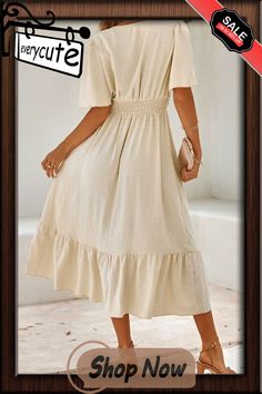 Sweet Elegant Solid Solid Color V Neck A Line Dresses Beige Solid Color Dress For Vacation, Flowy Beige Solid Color Dress, Beige Solid Color Midi Dress For Vacation, Beige Solid Color Dress For Day Out, Casual Cream Knee-length Maxi Dress, Casual Flowy Beige Midi Dress, Casual Cream V-neck Midi Dress, Beige Non-stretch Dress For Day Out, Line Dresses