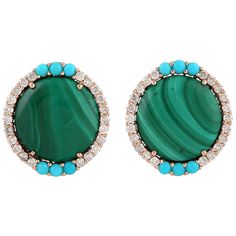 Handcrafted from 14-karat gold, these beautiful stud earrings are set with 7.15 carats malachite, .35 carats turquoise and .56 carats of sparkling diamonds. FOLLOW MEGHNA JEWELS storefront to view the latest collection & exclusive pieces. Meghna Jewels is proudly rated as a Top Seller on 1stDibs with 5 star customer reviews. All items manufactured by us are handmade and can be customized or redesigned. Composition Size-16X16 MM Total Weight-6.471 Gold Weight(Gms)-4.859 Diamond Wt(Cts)-0.56 Malac Turquoise Jewelry Earrings, Malachite Earrings, Beautiful Stud Earrings, Semiprecious Stone Jewelry, Turquoise Stud Earrings, Malachite Jewelry, Wedding Jewelry Earrings, Dainty Earrings, Turquoise Earrings