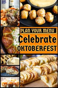 a collage of pictures with different types of food and drinks on it, including meats, potatoes, carrots, croissants