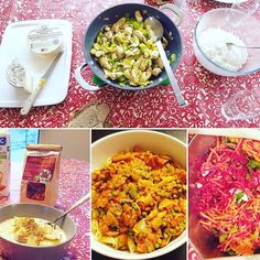 four pictures showing different types of food in bowls and pans on a table with utensils