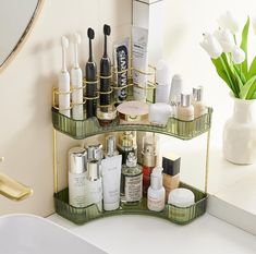 CICUFY 2-Tier Acrylic Corner Makeup Organizer Stylish Counter Organizer for Vanity and Bathroom Countertop - Green Cosmetic Organizer Ideas, Makeup Organization Bathroom, Apartment 2023, Corner Stand, Organize Bathroom Countertop, Counter Organizer, Acrylic Makeup Organizer, Bathroom Counter Decor, Sponge Makeup