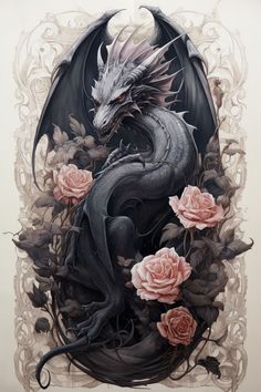 a drawing of a dragon surrounded by roses