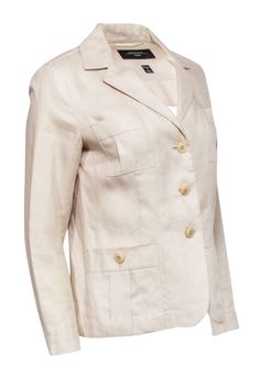 Add a simple yet chic staple to your work wardrobe with this cream Max Mara blazer. You can throw this versatile neutral piece over your favorite workwear separates for a polished look. Pair with your favorite pumps and a tote bag. Size 6 100% linen Buttons down front Single button cuffs Bust 37" Waist 33" Shoulder to hem 23" Sleeve length 22.5" Solid Linen Blazer For Work, Linen Blazer For Work, Linen Blazer For Workwear, Neutral Linen Blazer For Work, Neutral Business Blazer With Button Closure, Beige Linen Blazer For Work, Beige Linen Blazer For Workwear, Tailored Cream Blazer For Work, Cream Single-breasted Blazer For Work