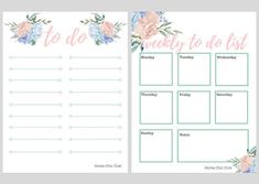 a printable weekly planner with flowers on the front and back pages, in pastel colors