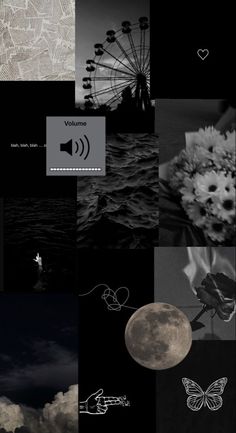 a collage of black and white images with the moon in the background