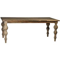 an old wooden table with two legs and a long top on the bottom, against a white background