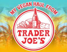 the logo for trader joe's is shown in red and yellow colors with palm trees behind it