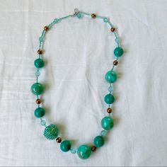 It Measures 22 Inches Long Plus A 2 Inch Extender Chain. Handmade Beaded Necklace Never Used Casual Blue Beaded Necklaces With Large Beads, Casual Blue Beaded Necklace With Large Beads, Casual Blue Necklace With Large Beads, Blue Green Beads Necklace, Handmade Blue Amazonite Beaded Necklace, Handmade Blue-green Beaded Necklaces, Artisan Green Glass Beaded Necklace, Hand-strung Turquoise Jade Beaded Necklace, Handmade Beaded Necklaces