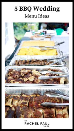 the cover of five bbq wedding menus with different types of food in pans