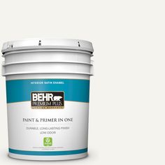 the behr paint and primer in one is shown on a gray background with red trim