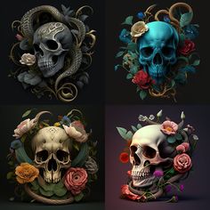 four skulls with flowers and vines around them, all in different colors on a black background