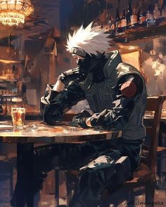 an anime character sitting at a table with a beer in front of him and looking down