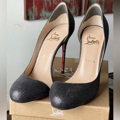 These Christian Louboutin Helmour Glittery Stiletto Pump Sandals Are Brand New, A Glittery Black Color, A Eu Size 39 With A 100mm-4” Heel Height. One Owner, 100% Authentic Purchased From Neiman Marcus. Will Come With The Original Cl Shoe Box And Dustbag. Whatever The Event, This Glitter-Bathed Round Toe Pump Ensures You Sparkle Thanks To Its Half D'orsay Silhouette, Willowy Stiletto Heel And Iconic Red Sole. Please Read Carefully!!!! Please Be Certain Of Your Christian Louboutin Shoe Size And Ca Evening Heels With Glitter Accents, Luxury Glitter Accented Heels For Gala, Sparkling Almond Toe Heels For Evening, Evening Glitter Heels With Almond Toe, Luxury Glitter Heels For Gala, Designer High Heel Court Shoes For Party, Designer Closed Toe Court Shoes For Party, Glitter Heels For Evening With Pointed Toe, Luxury Almond Toe Court Shoes For Party