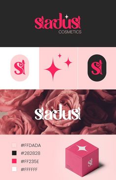 the logo for stardust cosmetics is displayed on a pink and black background with roses