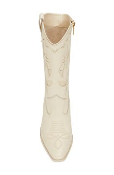 Classic embroidery, a notched topline and square toe give Western-inspired style to this leather boot. 3 1/2" heel 9 3/4" shaft Side zip closure Leather upper/synthetic lining/rubber sole Imported Fitted Western Cream Boots, Cream Western Boots With Reinforced Heel, Luxury Cream Snip Toe Cowboy Boots, Fitted White Western Mid-calf Boots, Western White Mid-calf Boots With Reinforced Heel, Classic Embroidery, Square Toe Western Boots, Western Boots Women, Western Boot