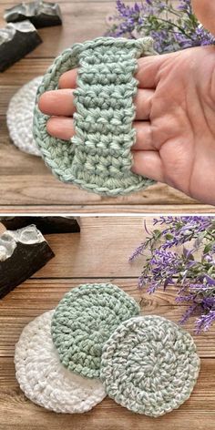 crocheted coasters are being held up by someone's hand on a wooden table