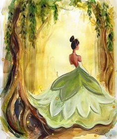 a painting of a woman in a green dress with trees around her and the words disney written on it