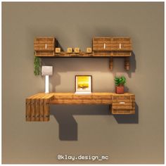 a computer desk made out of wood with shelves on the wall and a potted plant