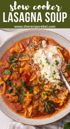 a bowl of slow cooker lasagna soup with spinach and cheese