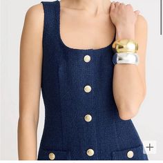 J. Crew Sophia Sleeveless Midi Dress In Tweed. Dark Blue, Never Worn And Nwt. Zara Tweed Dress Blue, Full Outfits, Retro Preppy, Yellow Fits, Jcrew Collection, Sleeveless Midi Dress, New Pant, Tweed Fabric, Fabric Covered Button