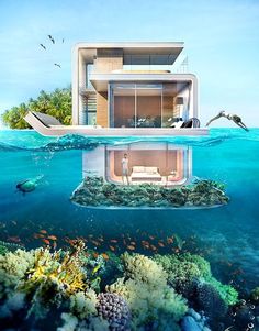 an underwater house is surrounded by corals and other tropical vegetation, with the ocean floor below it