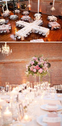 two pictures of tables with white linens and pink flowers in vases on them