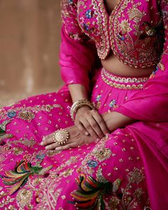 Aman Takyar | Hot Pink Floral Embroidery Lehenga Set | INDIASPOPUP.COM Floral Embroidery Lehenga, Pink Indian Wedding, Pink Lengha, Floral Thread Embroidery, Pink Blouse Designs, Embroidery Lehenga, Haldi Outfit, Choli Dress, Hot Pink Floral