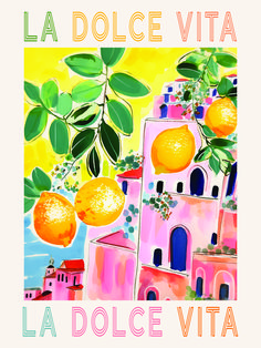 a painting of oranges hanging from a tree with the words la dolce vita above them