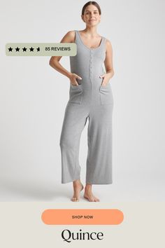 This Tencel™ jumpsuit is perfection. Not only is it lightweight, stretchy and super-soft, it is also nursing and pumping friendly. With patch pockets you can easily store all of life’s necessities. This versatile jumpsuit can carry you through all stages of pregnancy and beyond. Tencel™ lyocell is a biodegradable fabric made from cellulose found in wood pulp. It is softer, more breathable, and uses 10-20 times less water in production compared to cotton.  | Quince | Women's Tencel Rib Maternity & Nursing Jumpsuit in Heather Grey, Size XL Casual Bodysuit For Relaxation, Comfortable Jumpsuits And Rompers With Pockets, Lounging Jumpsuits And Rompers, Comfortable Sleeveless Jumpsuit For Lounging, Versatile Jumpsuits And Rompers With Pockets For Loungewear, Comfortable Sleeveless Jumpsuits And Rompers For Lounging, Comfortable Jumpsuits And Rompers With Pockets For Loungewear, Comfortable Sleeveless Lounging Jumpsuit, Comfortable Sleeveless Loungewear Jumpsuit