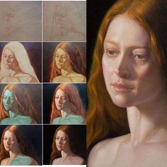 a painting of a woman with red hair and different facial expressions on it's face