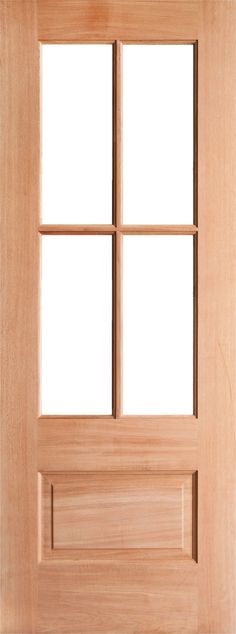 an open wooden door with four panes on the front and side panels, all in light wood